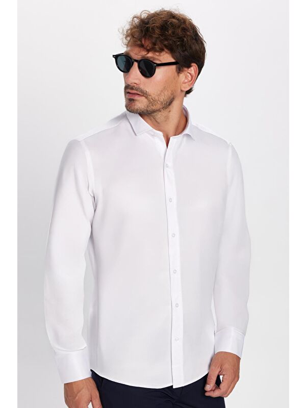 TUDORS Modern Slim Fit Uzun Kollu Düz Saten Pamuklu Erkek Beyaz Gömlek