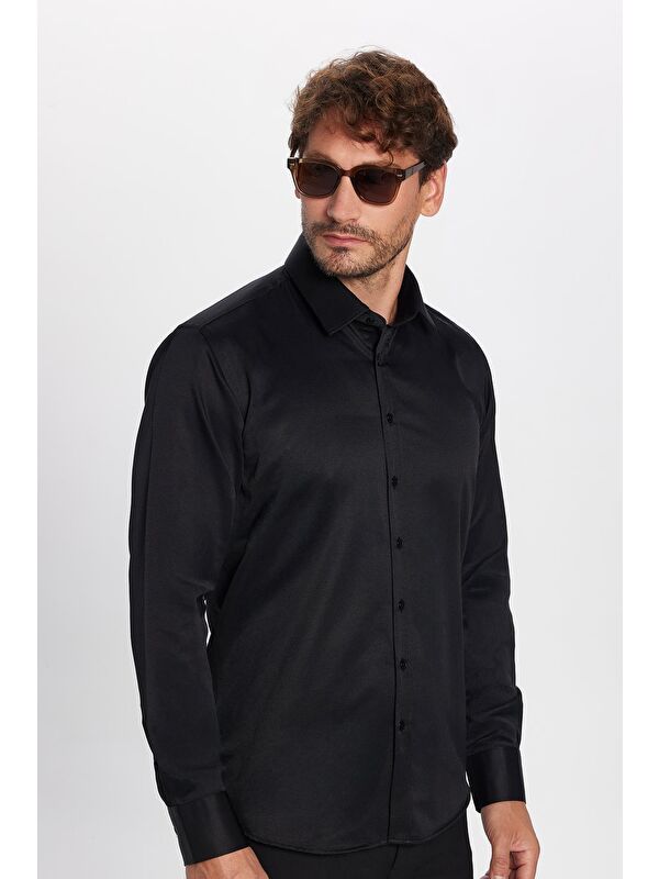 TUDORS Erkek Modern Slim Fit Pamuklu Düz Siyah Gömlek