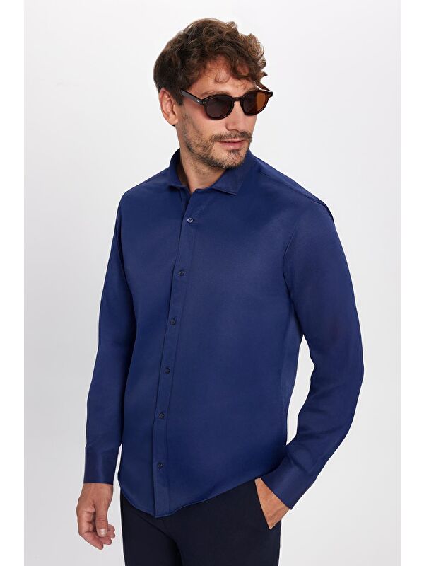 TUDORS Modern Slim Fit Uzun Kollu Düz Saten Pamuklu Erkek Lacivert Gömlek