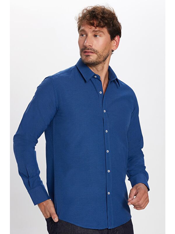TUDORS Modern Slim Fit Uzun Kollu Pamuklu Kolay Ütü Armürlü Erkek Sax Mavi Gömlek