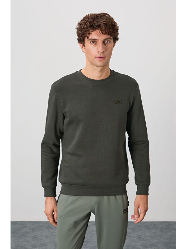 Air Jones Haki Bisiklet Yaka Şardonlu Rahat Form Basic Erkek Sweatshirt - 88137