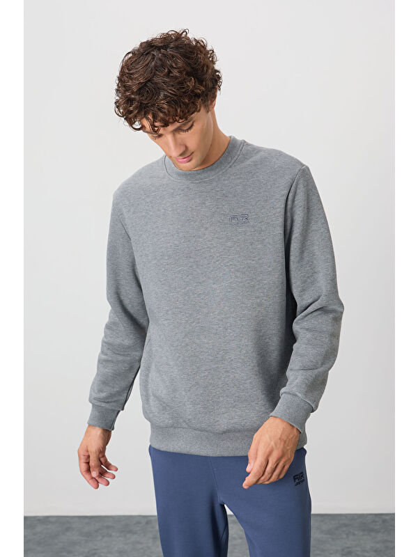 Air Jones Omar Gri Melanj Bisiklet Yaka Şardonlu Basic Erkek Sweatshirt - 88137