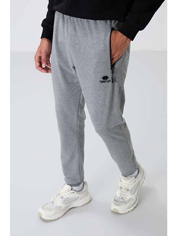 Tommylife Gri Melanj Fermuar Cepli Standart Kalıp Erkek Jogger Eşofman Altı- 84651