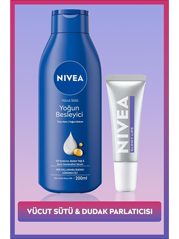 NIVEA Yoğun Besleyici Vücut Bakım Sütü 200ml ve Glowy Lips Nemlendirici Dudak Parlatıcısı
