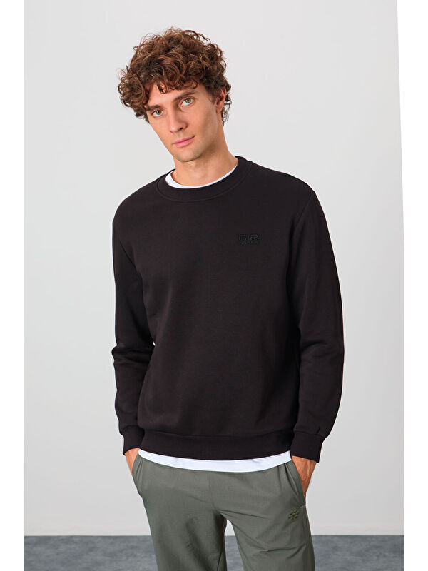 Air Jones Siyah Bisiklet Yaka Şardonlu Rahat Form Basic Erkek Sweatshirt - 88137