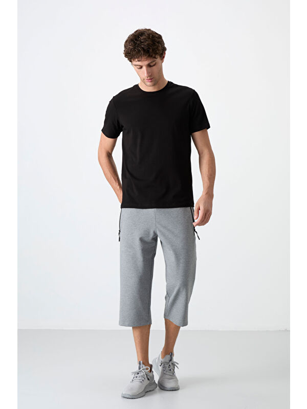 Tommylife Gri Melanj Fermuar Cepli Standart Kalıp Klasik Paça Erkek Kapri - 83091