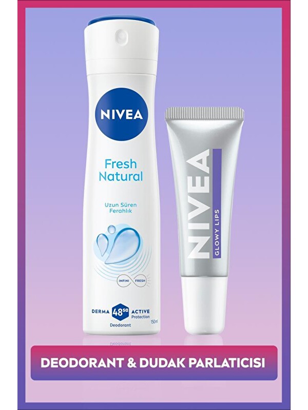 NIVEA Kadın Sprey Deodorant Fresh Natural 150ml ve Glowy Lips Nemlendirici Dudak Parlatıcı,Hyaluronik Asit