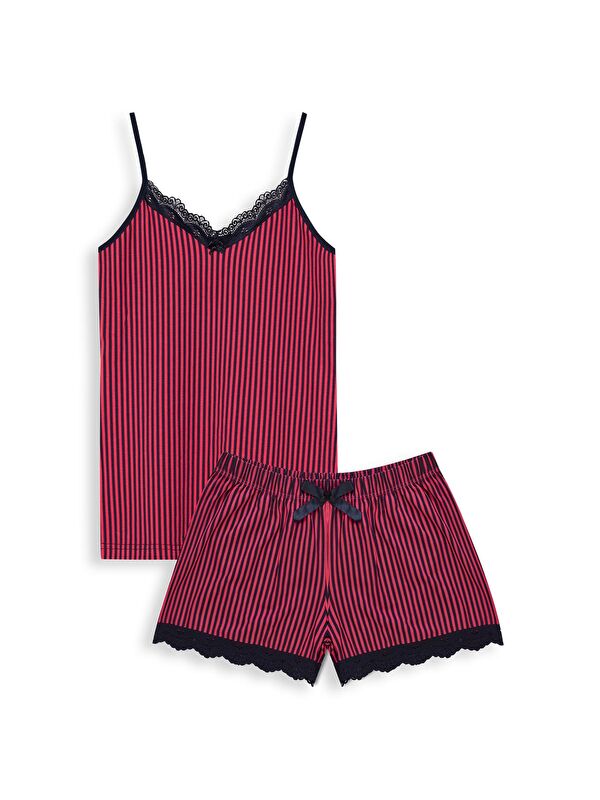 Hnx Pamuklu Desenli İnce Askılı V Yaka Atlet ve Şort Kadın Pijama Takım