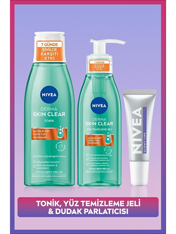 NIVEA Derma Skin Clear 7 Günde Sivilce Karşıtı Tonik, Yüz Temizleme Jeli ve Glowy Lips Dudak Parlatıcısı