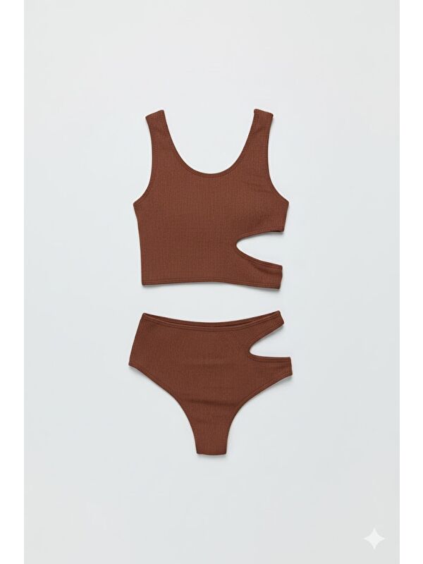 C&City Fitilli Dekolte Crop Külot Takım 9135 Kahve