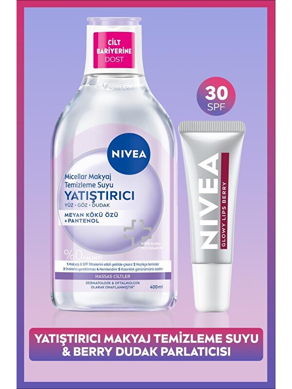 NIVEA Yatıştırıcı Micellar Makyaj Temizleme Suyu 400ml ve Glowy Lips Berry Renkli Nemlendirici Dudak Kremi