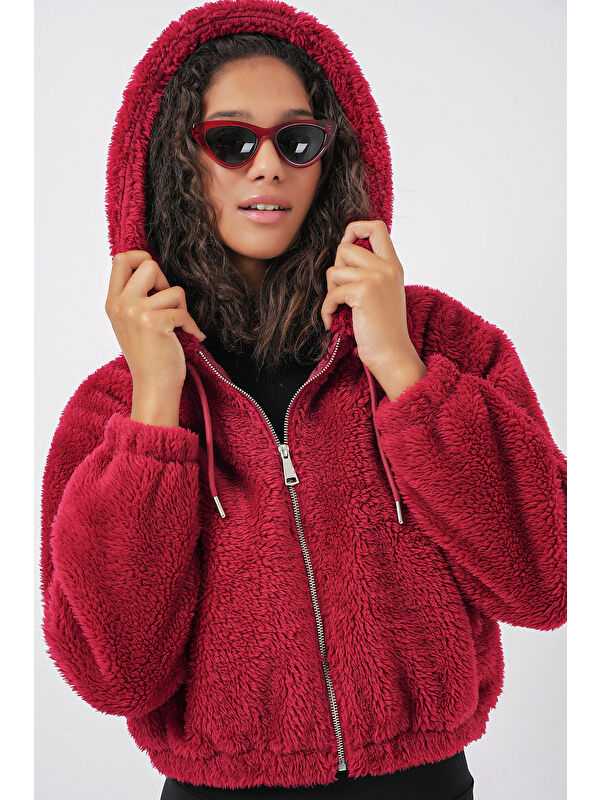 Bigdart 5193 Kapüşonlu Pelüş Crop Ceket   Bordo
