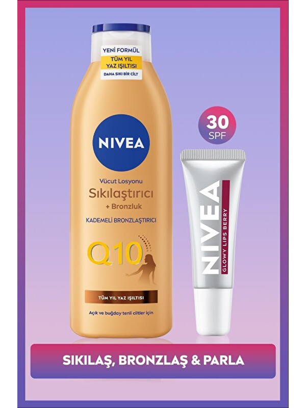 NIVEA Q10 Sıkılaştırıcı Bronzluk Vücut Losyonu 250ml ve Berry Renkli Nemlendirici Dudak Parlatıcısı