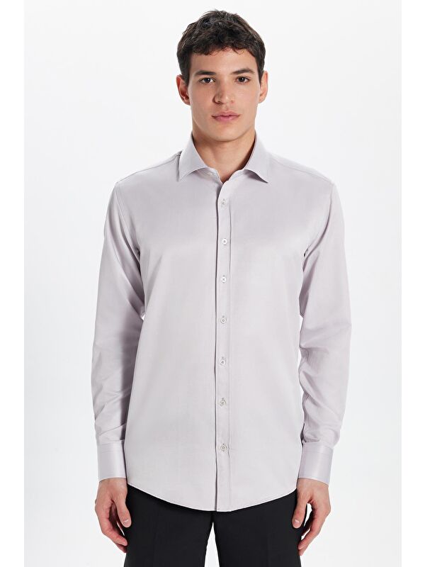 TUDORS Erkek Modern Slim Fit Düz Saten Pamuklu Bej Gömlek