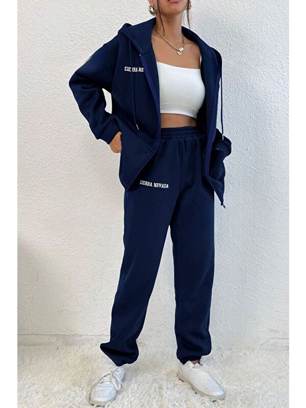 Trendseninle Kadın Lacivert Sıerra Baskılı Hırka Jogger Oversize Eşofman Takımı