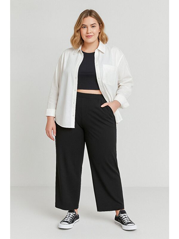 Stil Diva Büyük Beden Pile Detaylı Beli Lastikli Cepli Geniş Paça Pantolon 213839