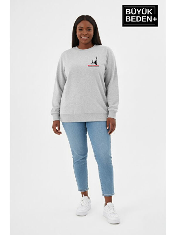 Süperlife Kadın Büyük Beden Yelken Baskılı Bisiklet Yaka ince Sweatshirt SPR26BSWK956-11