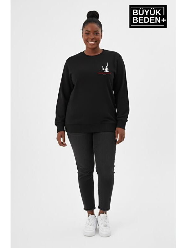 Süperlife Kadın Büyük Beden Yelken Baskılı Bisiklet Yaka ince Sweatshirt SPR26BSWK956-11