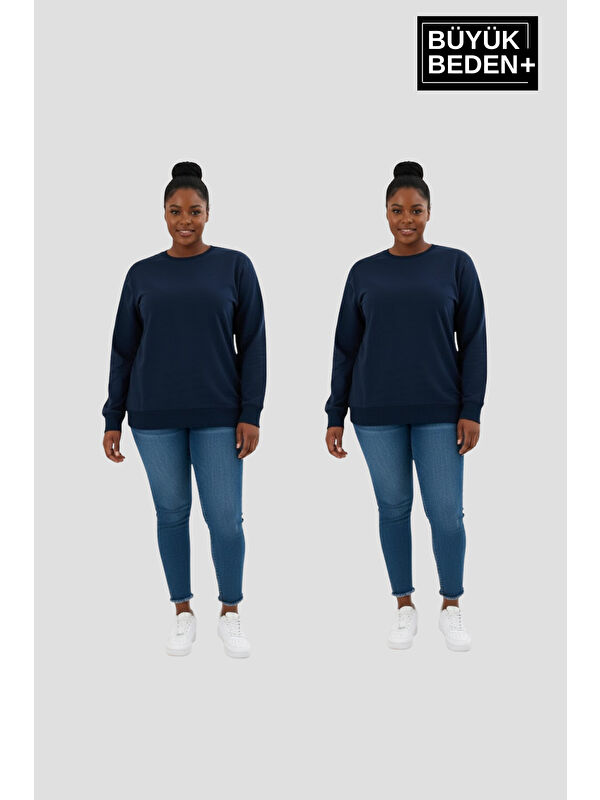 Süperlife Kadın Büyük Beden Bisiklet Yaka 2’li Set-Rahat Kalıp İnce Sweatshirt SPR26BSWK956+2