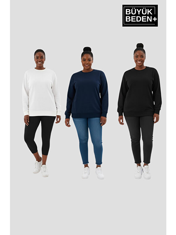 Süperlife Kadın Büyük Beden İkili Bisiklet Yaka 3'lü Set -Rahat Kalıp İnce Sweatshirt SPR26BSW956+3