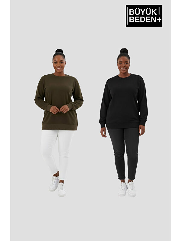 Süperlife Kadın Büyük Beden Bisiklet Yaka 2’li Set-Rahat Kalıp İnce Sweatshirt SPR26BSWK956+2