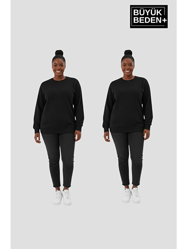 Süperlife Kadın Büyük Beden Bisiklet Yaka 2’li Set-Rahat Kalıp İnce Sweatshirt SPR26BSWK956+2