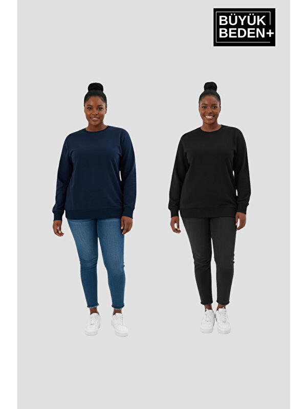 Süperlife Kadın Büyük Beden Bisiklet Yaka 2’li Set-Rahat Kalıp İnce Sweatshirt SPR26BSWK956+2