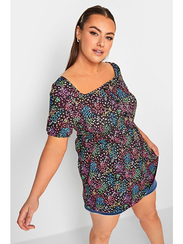Stil Diva Büyük Beden Düğme Detaylı Kare Yaka Desenli Esnek Bluz 215848