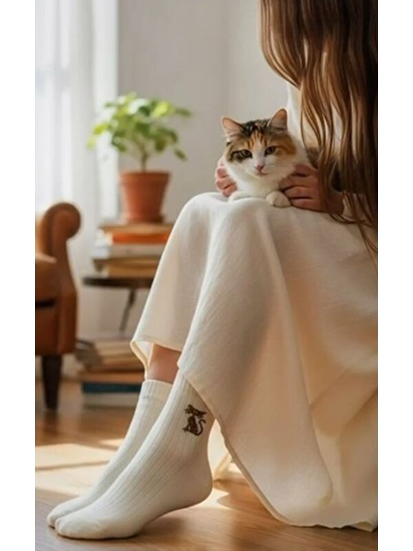 Oglo Kadın Premium Soket Çorap 12’li Set – Minimal Kedi Taş Detaylı – Renkli Seri (12 Çift)