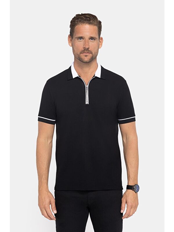 TUDORS Erkek Polo Yaka Slim Fit Pamuk Fermuarlı Pike  Tişört