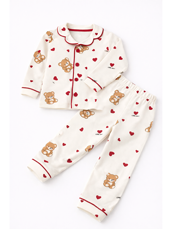 Verona Tarz Kız Çocuk Kalpli Ayıcıklı Pijama Takımı Alt-Üst Gömlekli Pamuklu