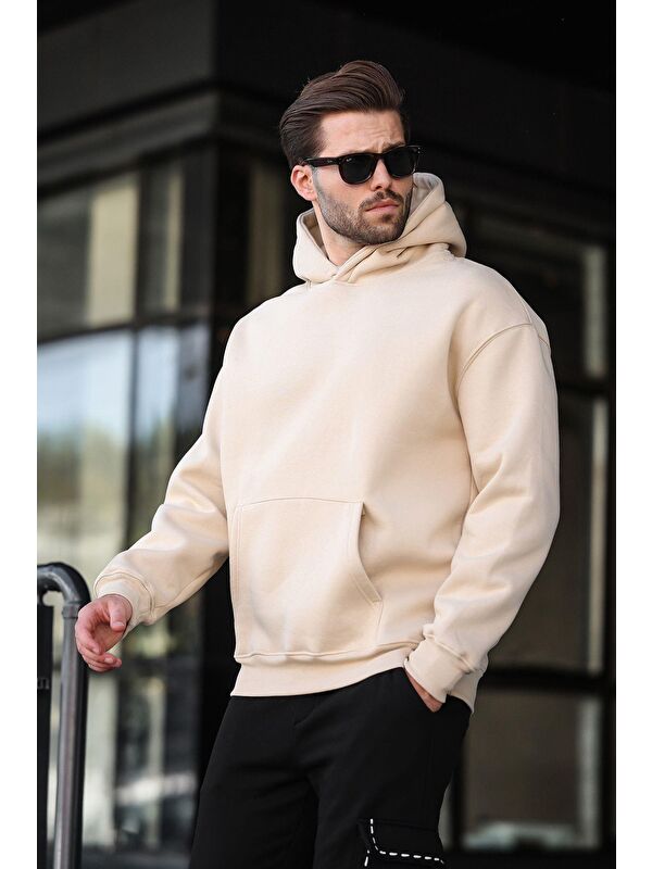 Madmext Bej Kapüşonlu Kanguru Cep Erkek Sweatshirt E7169