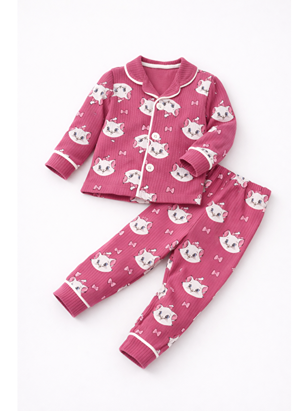 Verona Tarz Kız Bebek Pijama Takımı Kedili Alt-Üst Takım Fitilli Pamuklu