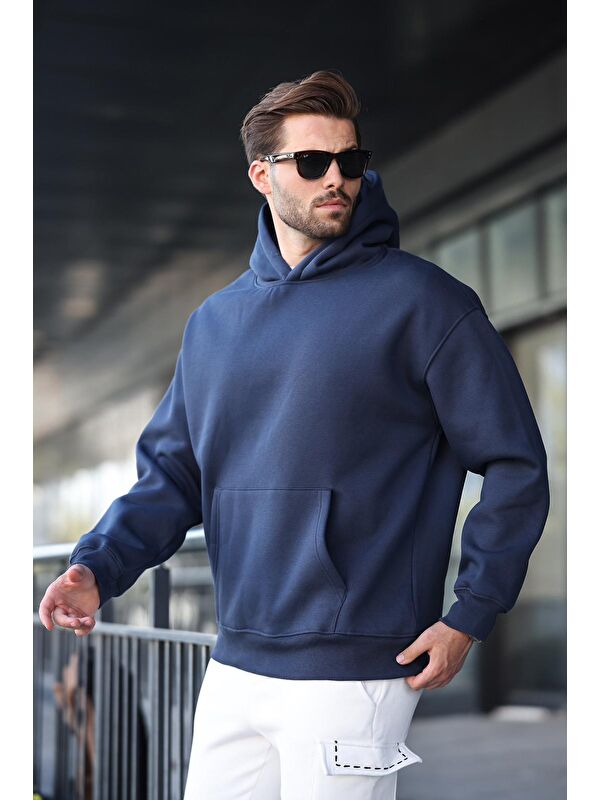 Madmext Lacivert Kapüşonlu Kanguru Cep Erkek Sweatshirt E7169