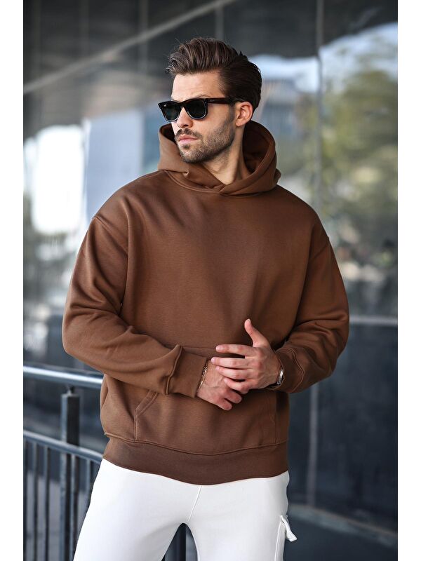 Madmext Kahverengi Kapüşonlu Kanguru Cep Erkek Sweatshirt E7169