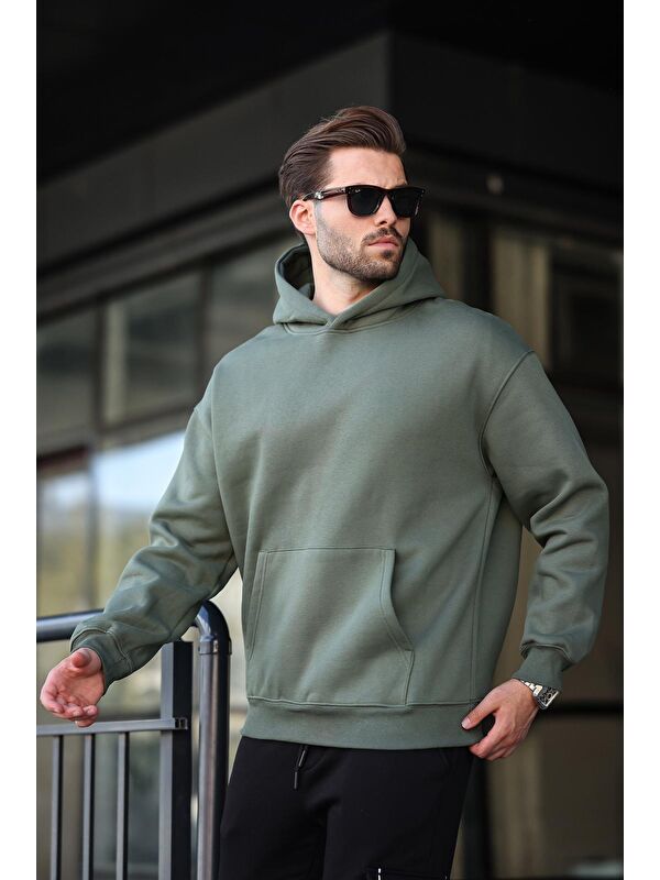 Madmext Haki Kapüşonlu Kanguru Cep Erkek Sweatshirt E7169