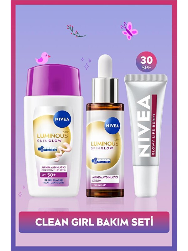 NIVEA SPF50+ Güneş Koruyucu Luminous630 Skin Glow Yüz Kremi, Serum ve Berry Renkli Dudak Parlatıcısı