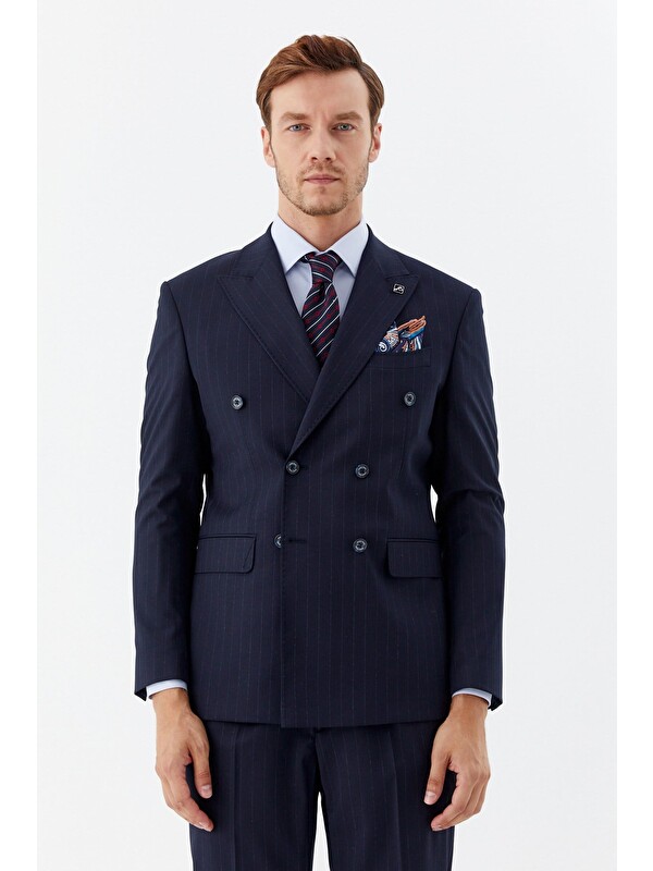 Sabri Özel Lacivert Slim Fit Yünlü Dokuma 6 Drop Takım Elbise