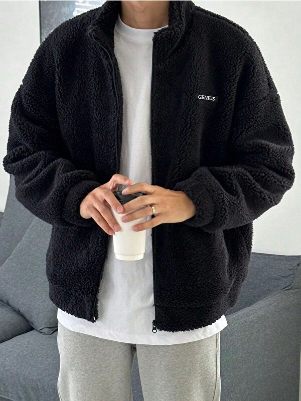 Genius Store Oversize Pelüş Tam Pelüş İçi Polarlı Sherpa Kumaş Erkek Fermuarlı Sweatshirt Hırka