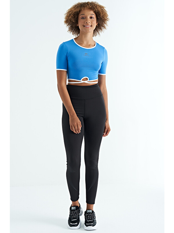 Tommylife Saks Bel Bağlama Detaylı O Yaka Standart Kalıp Dalgıç Kumaş Kadın Crop Tişört - 97266