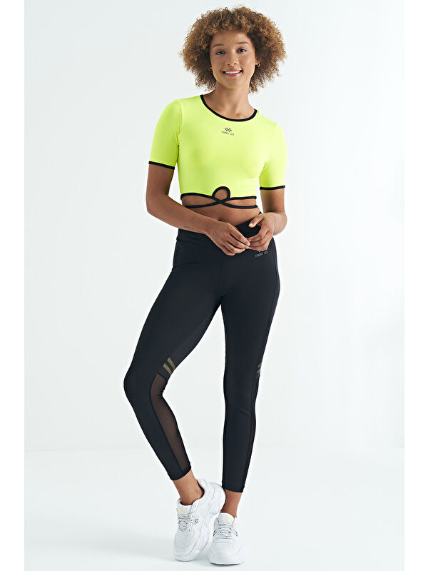 Tommylife Neon Sarı Bel Bağlama Detaylı O Yaka Standart Kalıp Dalgıç Kumaş Kadın Crop Tişört - 97266