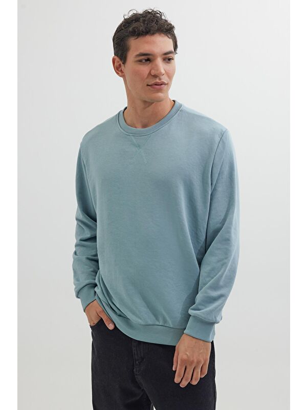 TUDORS Unisex Relax Fit Rahat Kesim %100 Pamuk 3 İplik Basic Mavi Bisiklet Yaka Sweatshirt