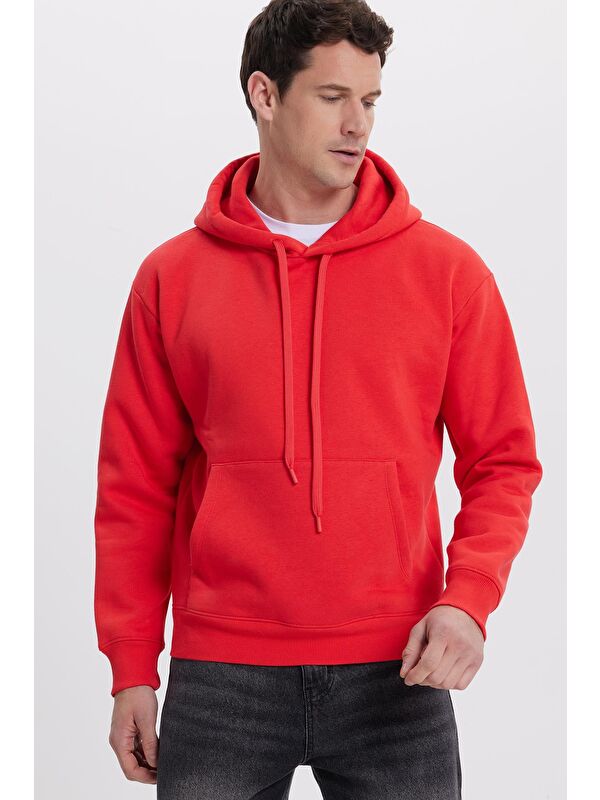 TUDORS Unisex Oversize Geniş Kesim Pamuklu Yumuşak Dokulu İçi Polarlı Basic Nar Renk Kapüşonlu Erkek Hoodie
