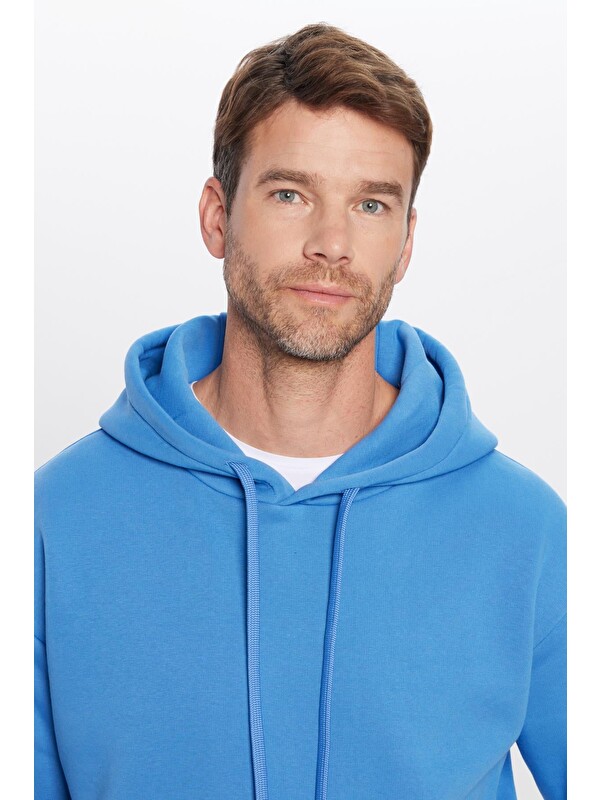 TUDORS Unisex Oversize Geniş Kesim Pamuklu Yumuşak Dokulu İçi Polarlı Basic Mavi Kapüşonlu Erkek Hoodie