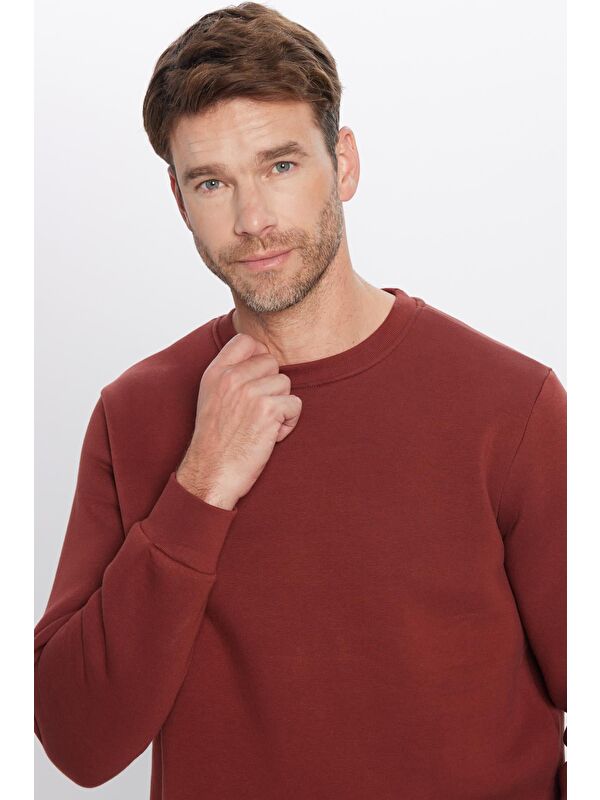 TUDORS Unisex Relax Fit Rahat Kesim Pamuklu 3 İplik İçi Polarlı Basic Kahverengi Bisiklet Yaka Sweatshirt