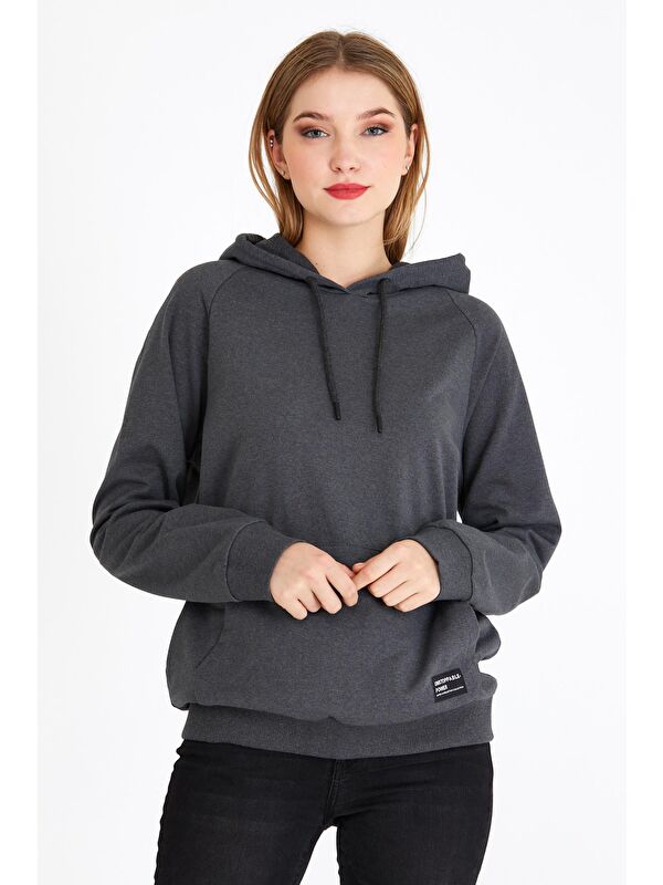 Mmetalic Kadın Antrasit Kapüşonlu Basic Örme Sweatshirt