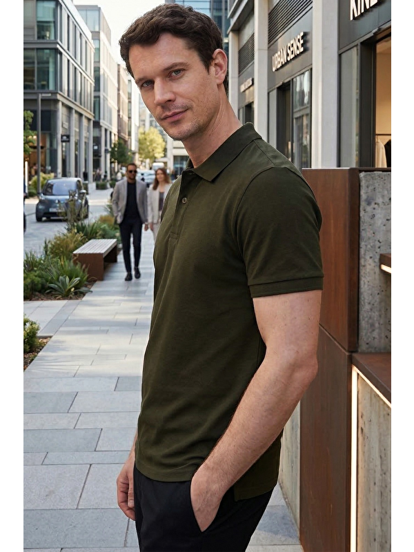 TUDORS Erkek Slim Fit Dar Kesim %100 Pamuk Kısa Kollu Polo Yaka Haki Tişört