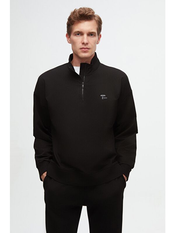 D'S damat Oversize Siyah Düz Yarım Fermuarlı Pamuklu Mevsimlik Sweatshirt