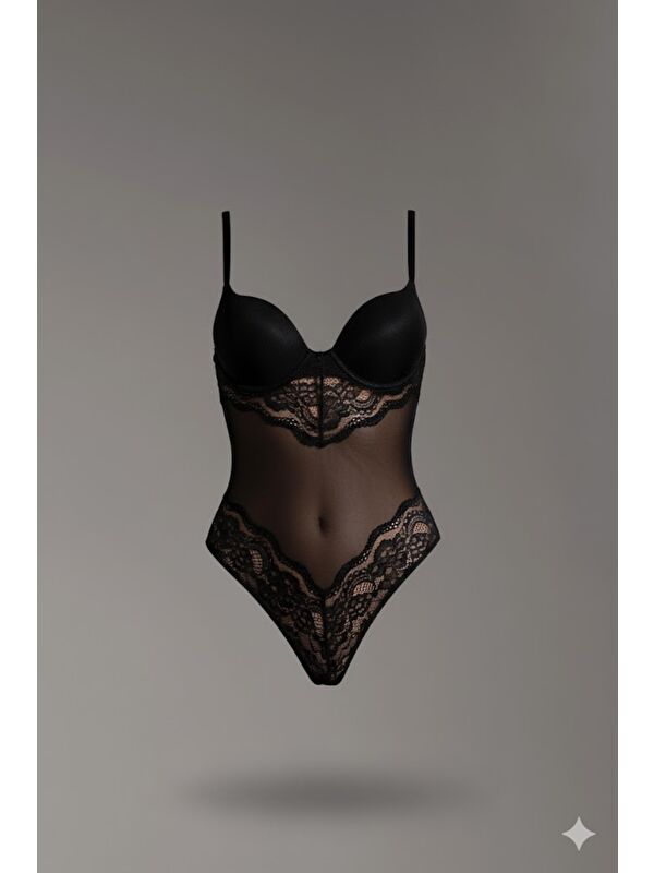 C&City Destekli Dantelli Çıtçıtlı Body C15081 Siyah