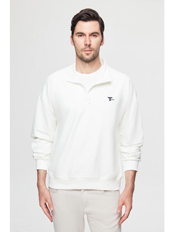 D'S damat Oversize Ekru Düz Yarım Fermuarlı Pamuklu Mevsimlik Sweatshirt